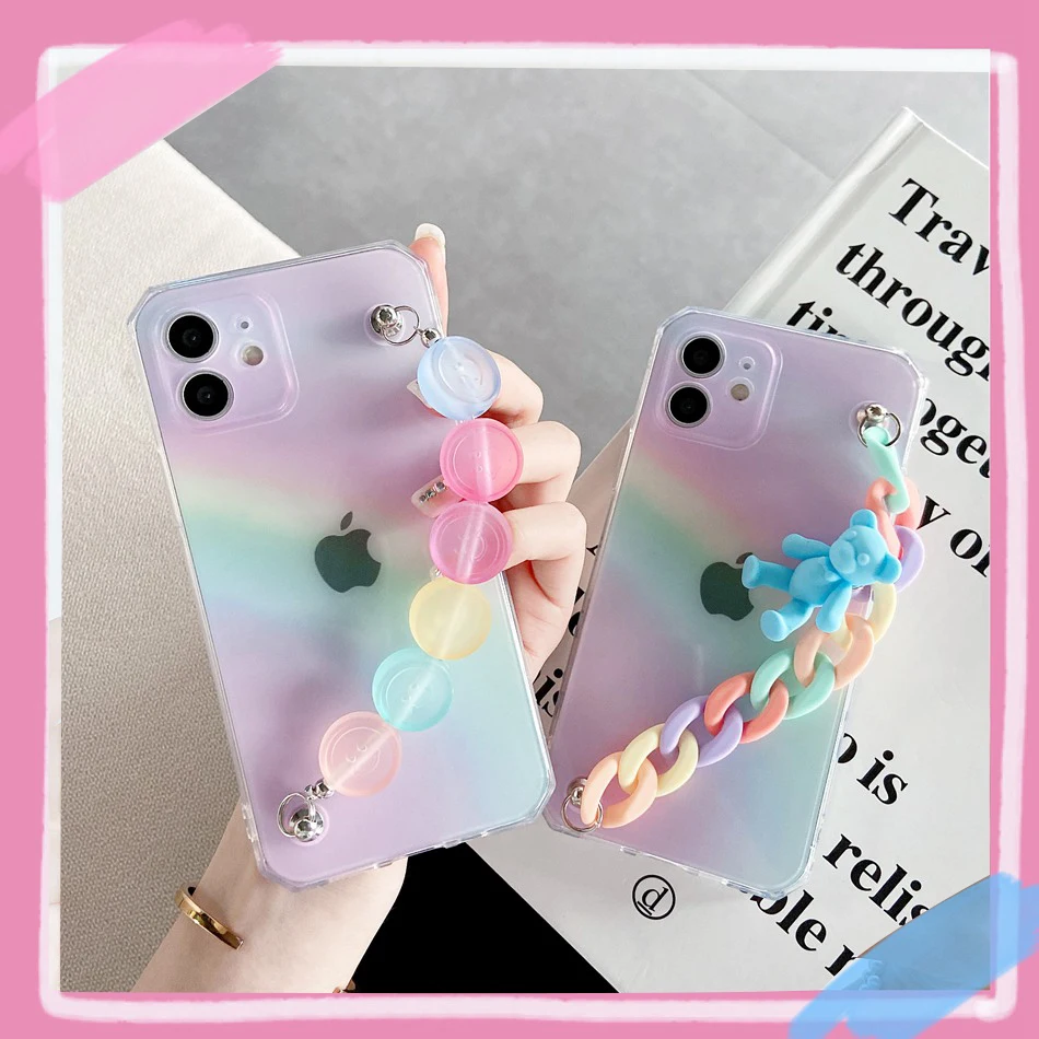 

Blue Bear Rainbow Love wrist chain Case For Samsung A72 A52 A32 A42 A12 A02s A71 A51 A70 A50 A30 Rainbow Case tpu Back Cover