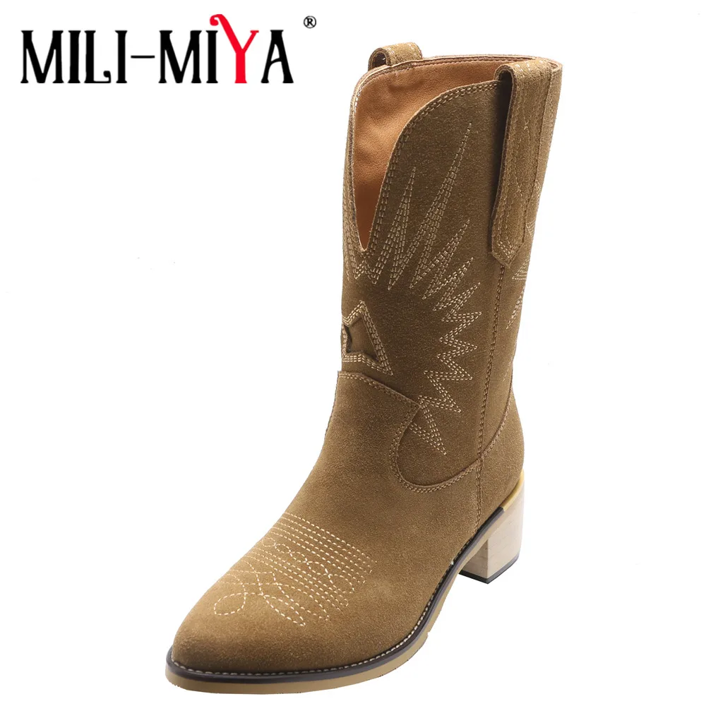 

MILI-MIYA Retro Western Cowboy Mid Calf Boots Pointed Toe Women Brand Embossing Cow Suede Leather Chunky Heels Casual Shoes Brow