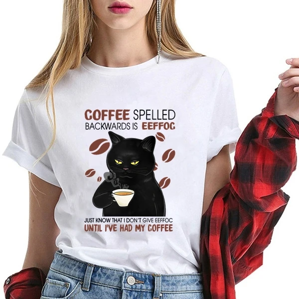 100% cotton t shirt women Black Cat Coffee Spelled Backwards Is Funny Cat Coffee tops unisex T Shirt harajuku women's  tees gift images - 2