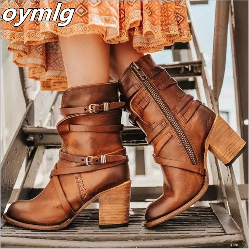 

Fashion Punk Gothic Style Buckle Strap Round Toe Boots Women Shoes Zipper Boots Street haulage motor mujer zapatos