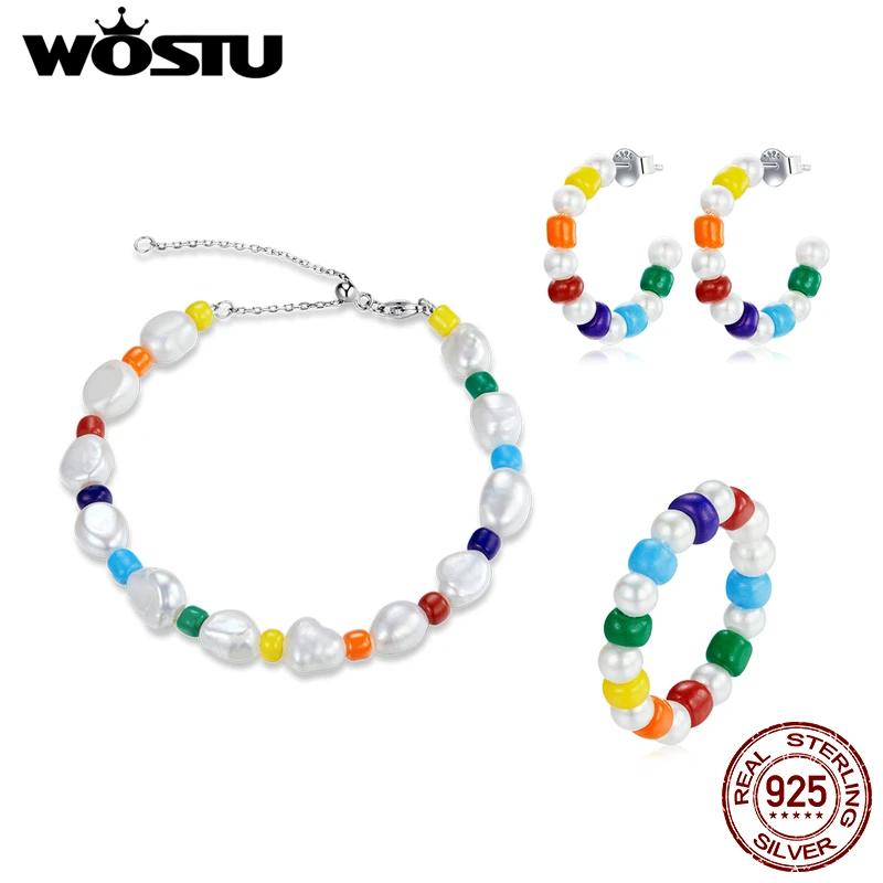 

WOSTU 925 стерлингового серебра красочные жемчужный браслет и Открытое кольцо Радуга оболочка жемчужные серьги-кольца для женщин, модное ювели...