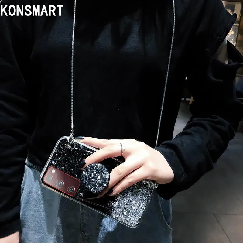 

KONSMART Fashion Lanyard Phone Case For Samsung S20 FE 2020 Hot Glitter Stars Cute Case Galaxy S20 FE Silicone Soft Back Cover