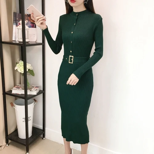 Green Женское платье-свитер, корейская мода, женские свитера, платья, зимние женские кардиганы, облегающее платье размера плюс, элегантные женские платья XL платье женское вязаное платье платье женское трикотажное платье - Цвет: Green