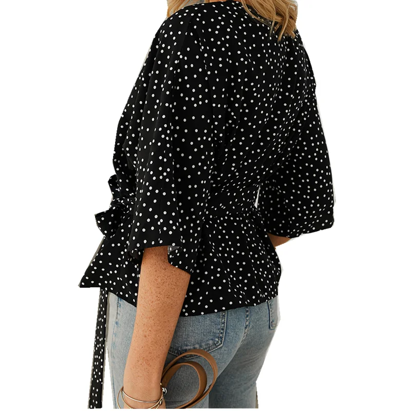 

2019 New Winter Fashion Print Wave Point cotton Seven minutes Sleeve V-Neck Top Casual slim Women Clothing Shirt Tops