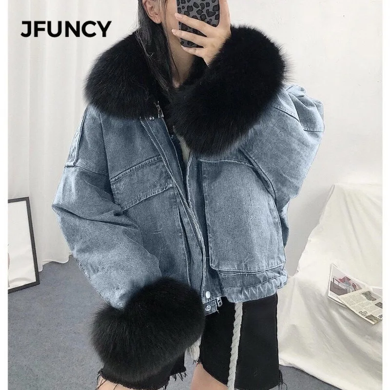 JFUNCY 2020 осень зима синий черный джинсовая куртка женская мягкая меховая воротник