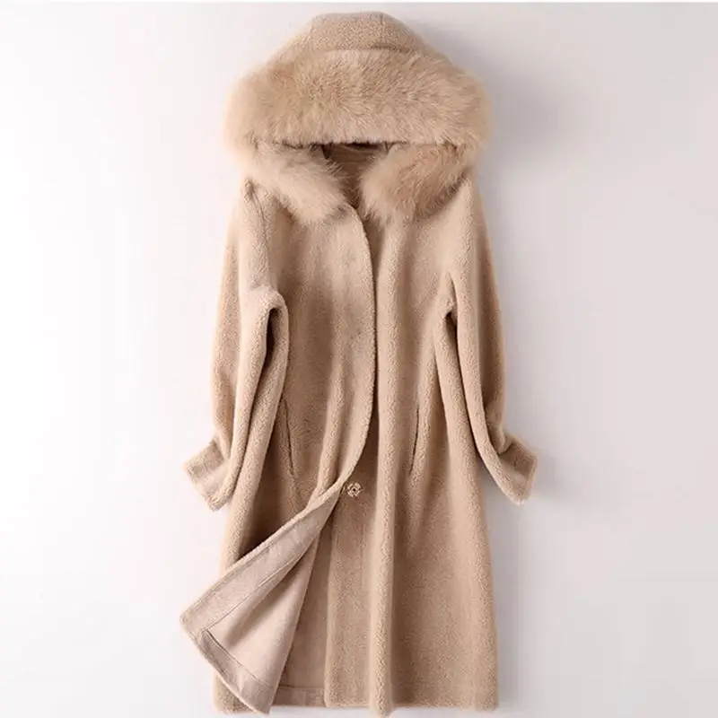beige Женское зимнее пальто из настоящей овечьей шерсти с воротником из натурального Лисьего меха, Длинная женская куртка с капюшоном, пальто из овечьей шерсти, верхняя одежда E149 - Цвет: beige