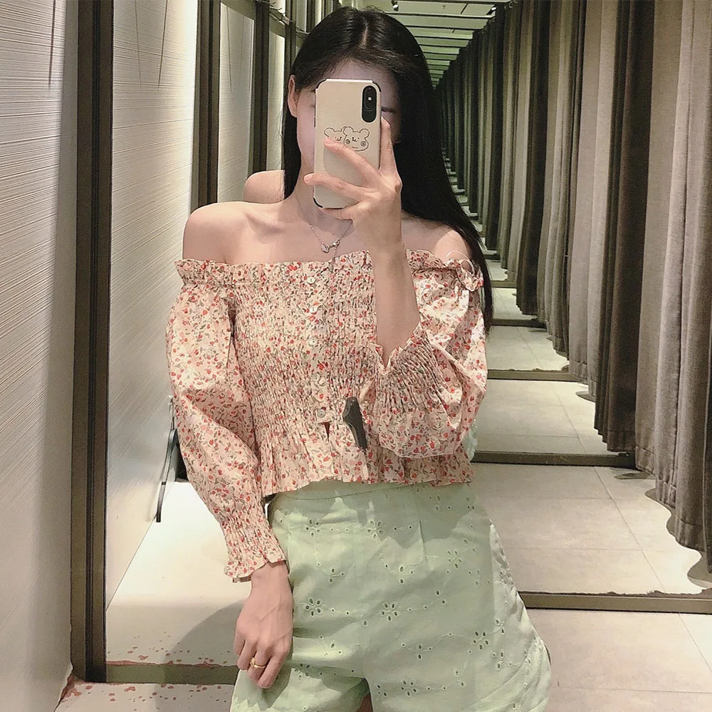 

DiYiG WOMAN Summer new women's stretch one-line collar printed top floral stretch long-sleeved shirt