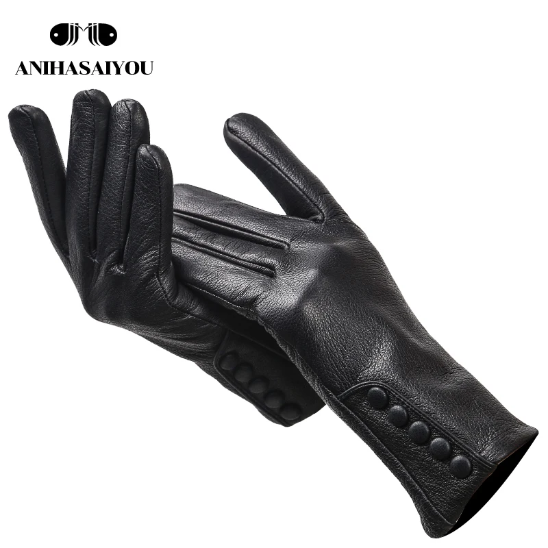 High-grade genuine leather gloves women,warm women's leather gloves,Side buckle genuine leather mittens women's winter -2207