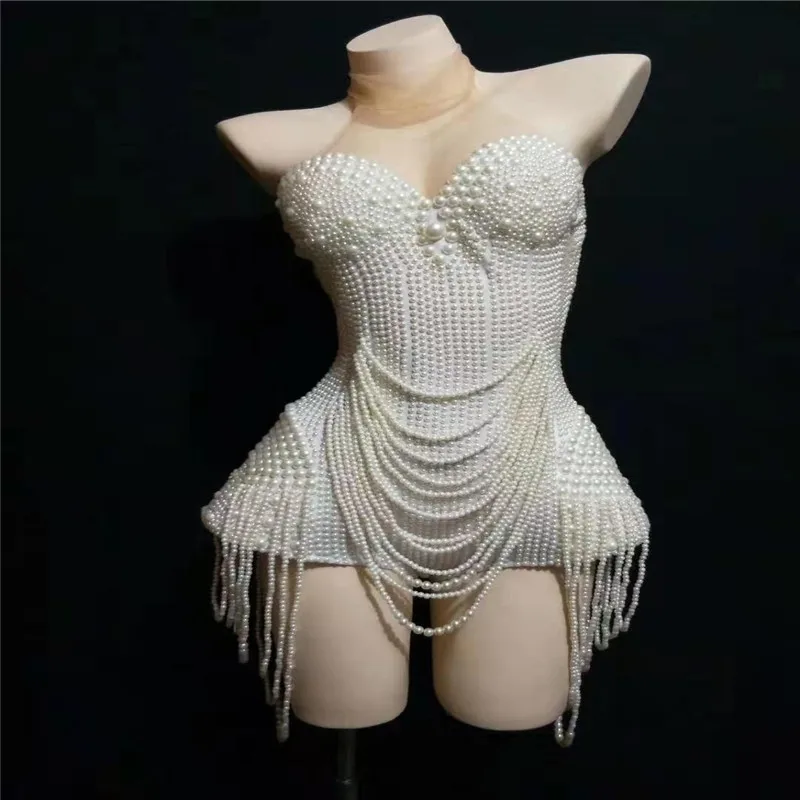 

T03 Female sexy full pearl dance bodysuit performance wears women tassel crystal outfits sleeveless dj tights ballroom costume