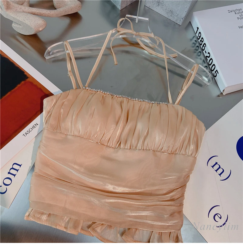 2021 Summer New Korean Style Pleated Design Camisole Sexy Wooden Ear Short Strap Halter Top