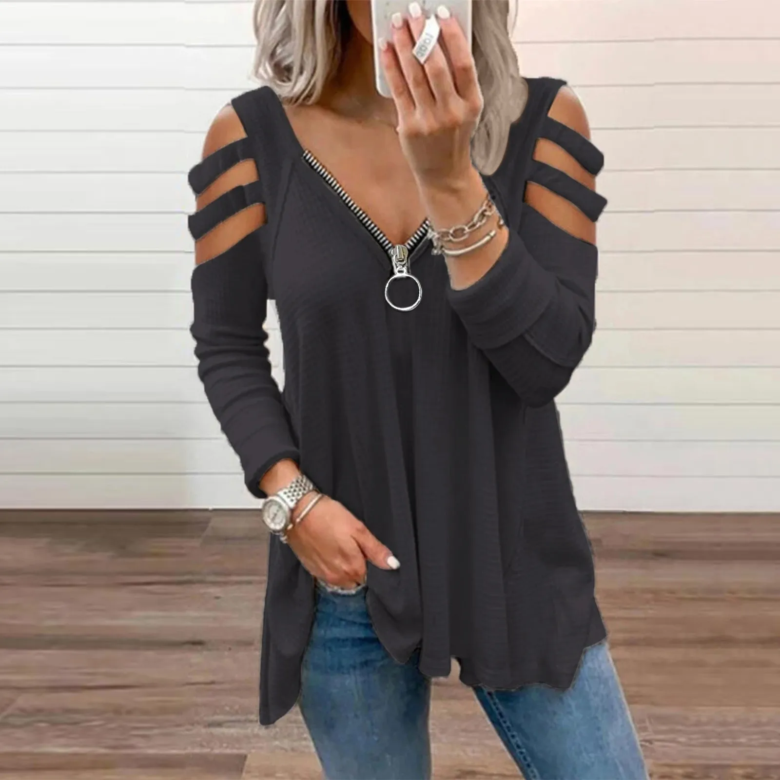 

Женский топ на молнии с V-образным вырезом и длинным рукавом