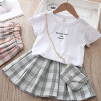 summer kids clothes letter shirtplaid skirt with bag cute little girls clothing set fashion korean toddler girl outfits