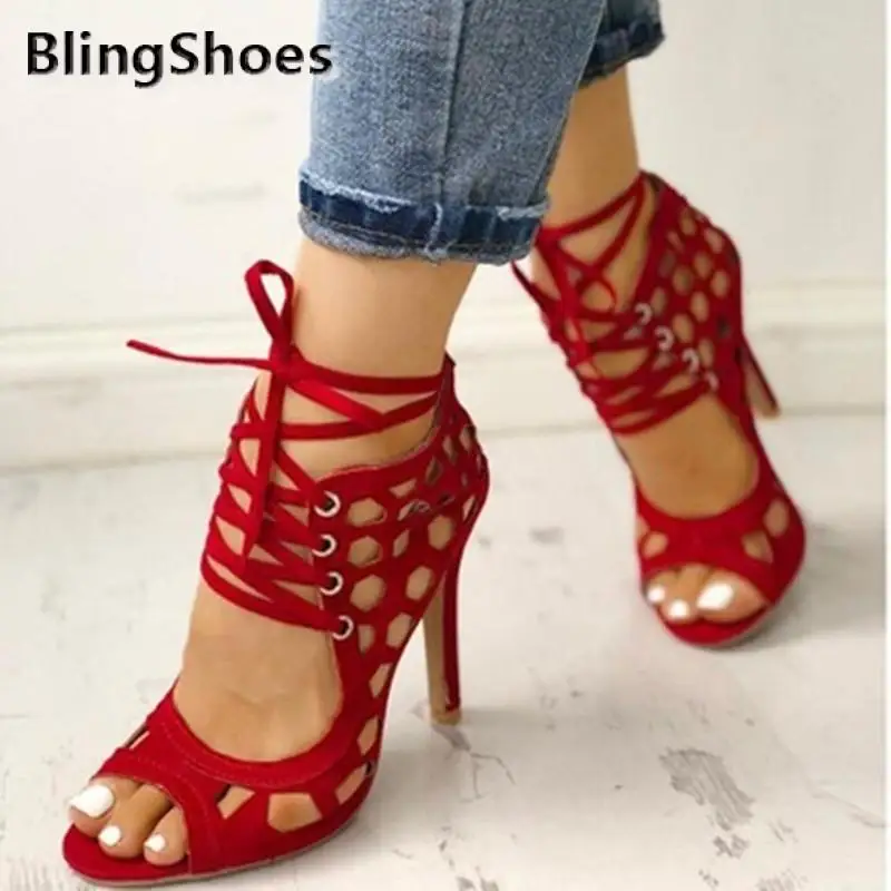 

Summer Shoes Women High Heels Sandals Peep Toe Hollow-Out Stilettos Gladiator Shoes Cut Out Fashion Sexy Party Plus Size Pumps