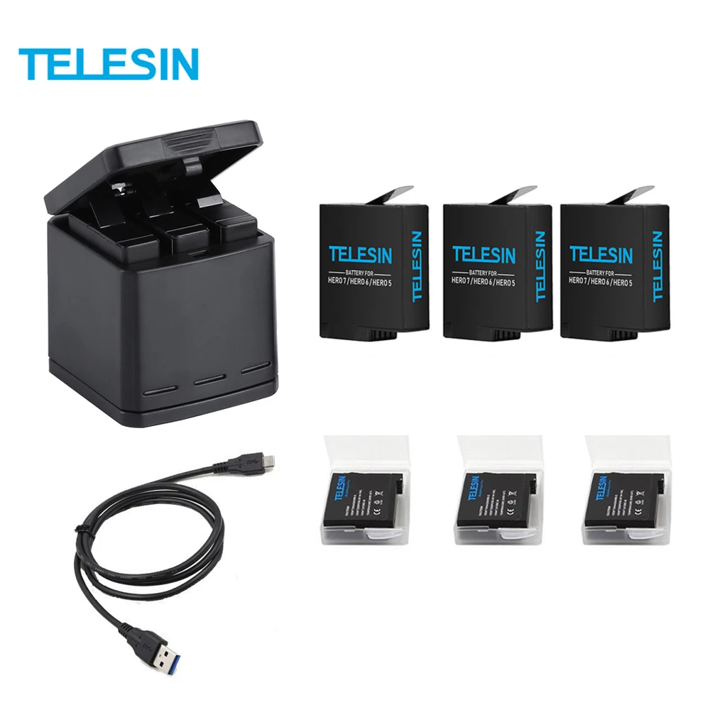 3 батареи Telesin и стороннее зарядное устройство для Gopro hero5 hero6 hero7 black поддержка