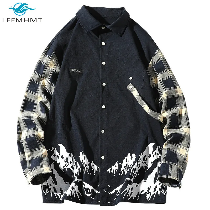 

Men Autumn Fashion Japan Style Hip Hop Long Sleeve Plaid Patchwork Pockets Shirts Male Handsome Simple Casual Trendy Lapel Tops