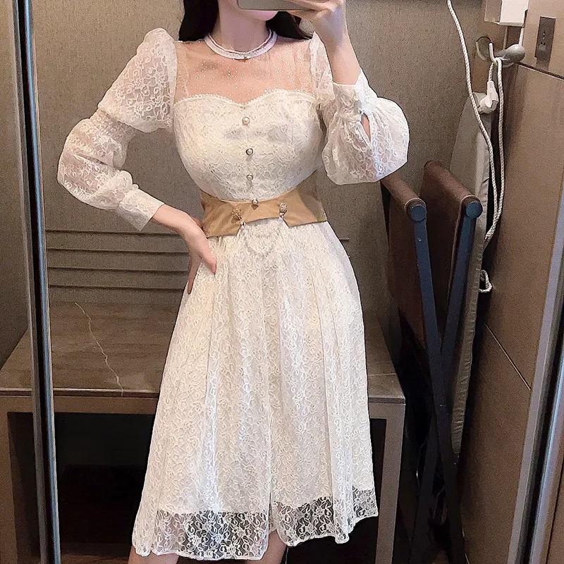 

Designer Runway Women Sweet Puff Sleeve Party Dress Spring Elegant Mesh Patchwork Lace Slim Waist Midi Dress With Belt