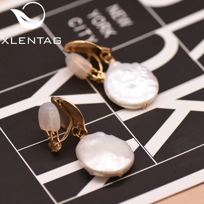 XlentAg Natural Round Flat Baroque Pearl Geometric Earrings For Women Ear Clip Jewellery Pendientes Mujer Moda GE0783