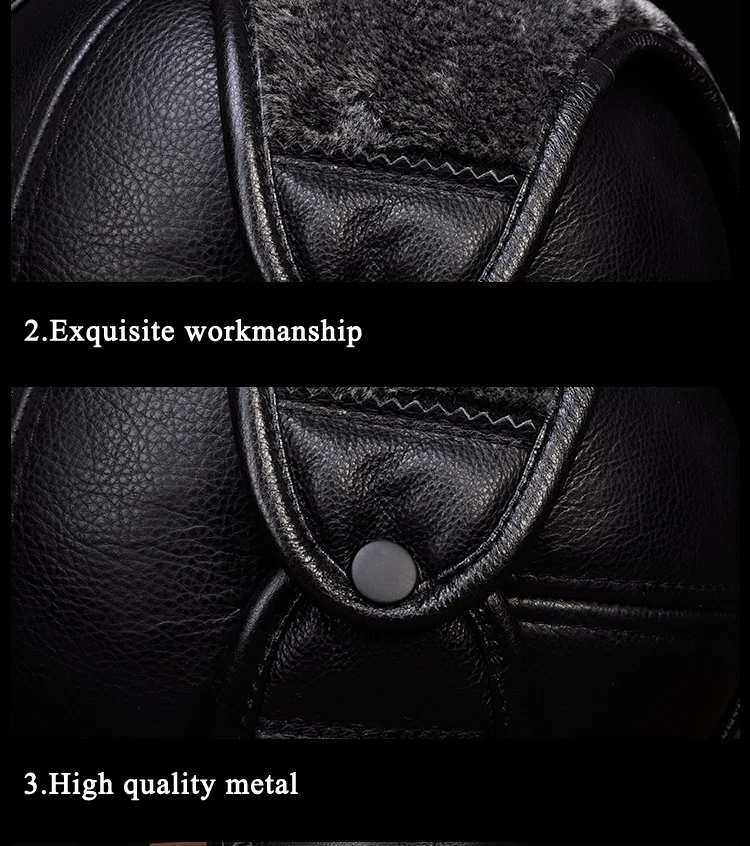

RY126 Men Cold Winter Warm Earmuffs Real Leather Faux Fur Bomber Hats Male Thicken Head Protection Fitted Tricycle Russian Caps