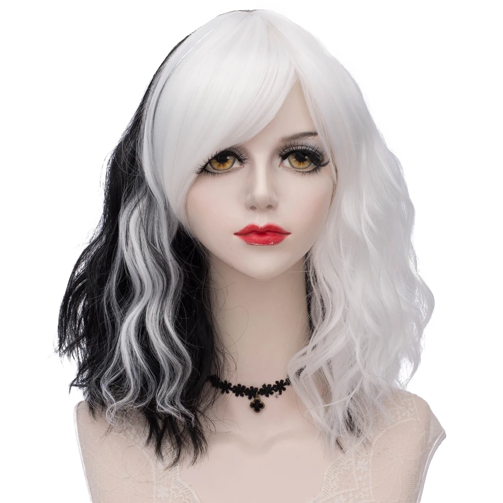 black white wig 02 Косплей микс 35 см многоцветный Лолита косплей пушистый кудрявый Хэллоуин Радужный Омбре синтетический парик+ Кепка - Цвет: black white wig 02