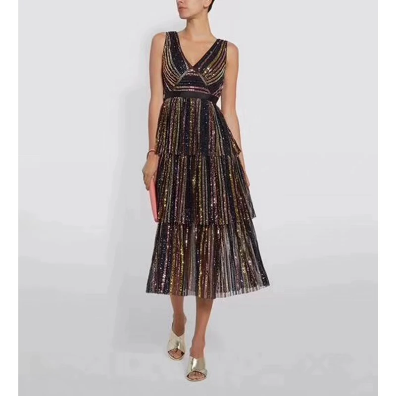 Новое поступление 2019 модное платье с цветными пайетками женское без рукавов v
