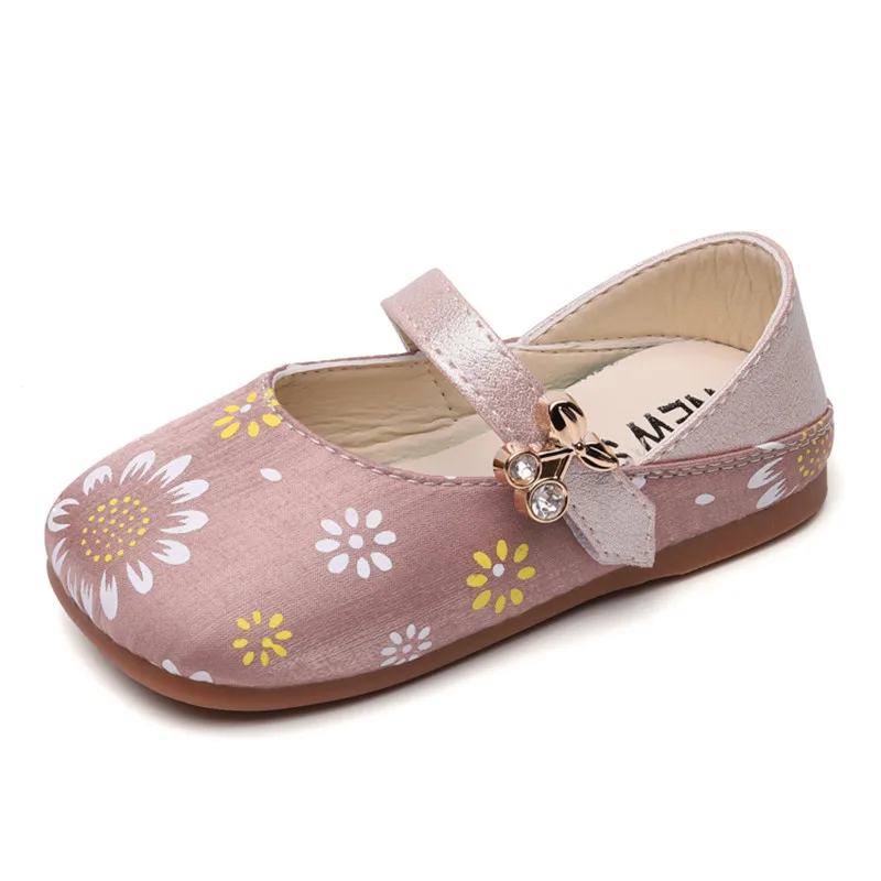 

Baby Girls Leather Shoes Kids Sweet Princess Flats Children's Mary Janes With Floral Printed Rhinestone Buckle Fashion 2021 New