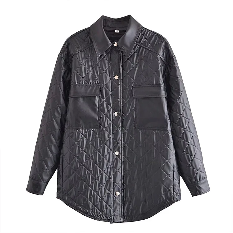 

Женская однобортная куртка на хлопковом наполнителе, с лацканами и карманами, из искусственной кожи, Осень-зима 2021