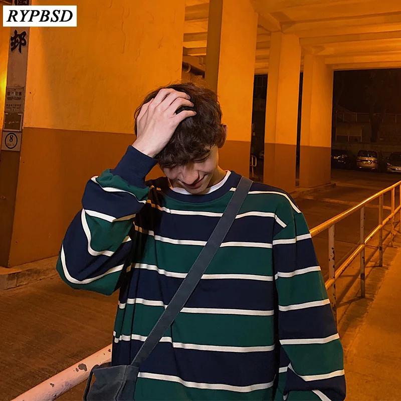 Мужской пуловер в полоску Повседневная хлопковая толстовка оверсайз с круглым