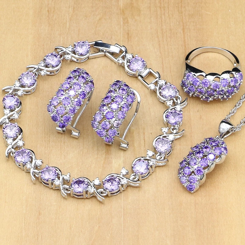 

Natural 925 Silver Jewelry Jewelry Sets Purple Stone White Crystal For Women Earrings/Pendant/Rings/Bracelet/Necklace Set