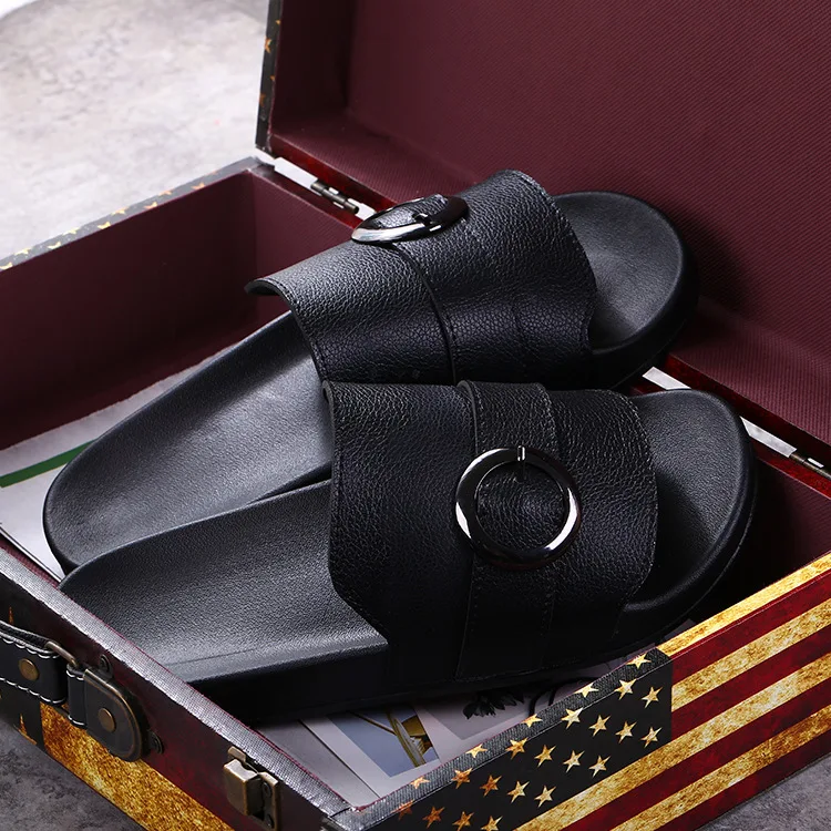 

Fashion Leisure Rome Slippers Outdoor Low Metal Decoration Flat Slides Solid Summer Anti-slip Open Toe Shoes