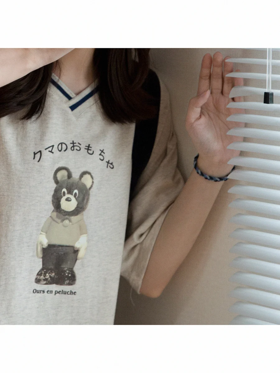 Специальная футболка Showa Тедди мишка юбка с принтом короткий рукав V-образный