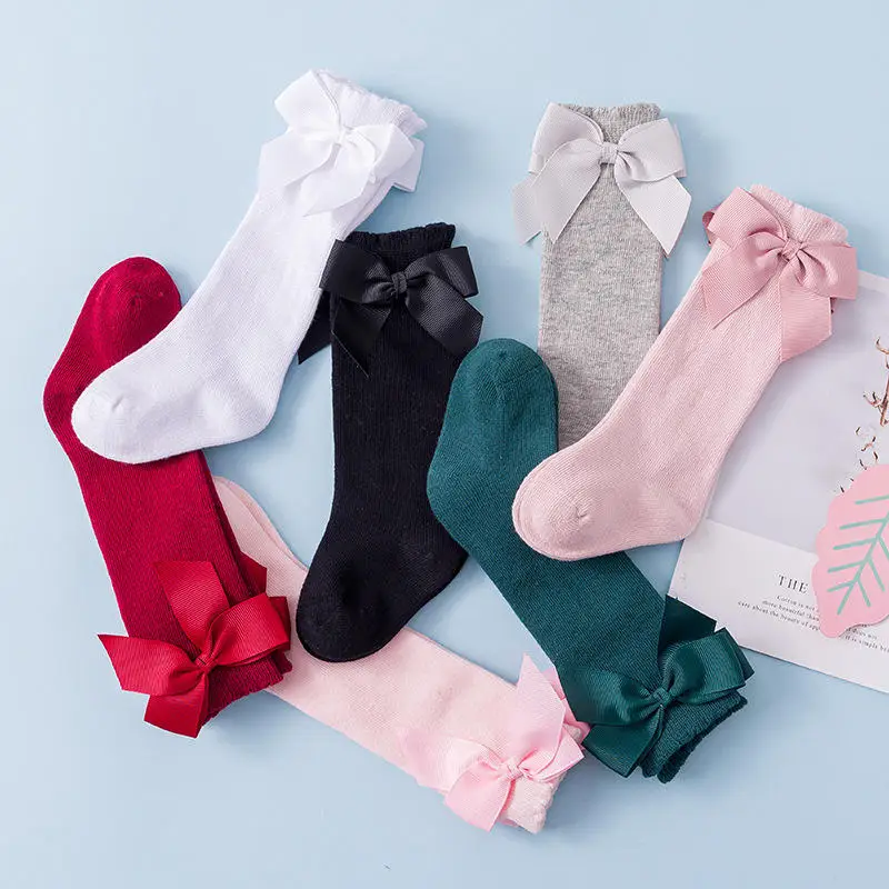 Balleenshiny-Calcetines de algod&oacute;n para beb&eacute;, medias hasta la rodilla, con lazos, para primavera e invierno-2