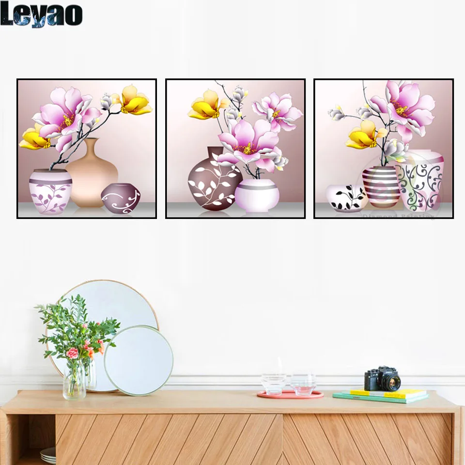 

5D Diamond Painting Orchid Flower Pink Vase Full Square Embroidery Diamond Mosaic Kits Handicraft Abstract Modern Triptych