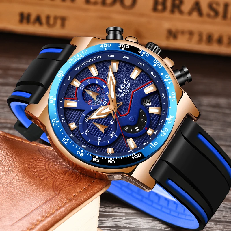 Модные часы мужские LIGE уникальный дизайн спортивные с силиконовым ремешком