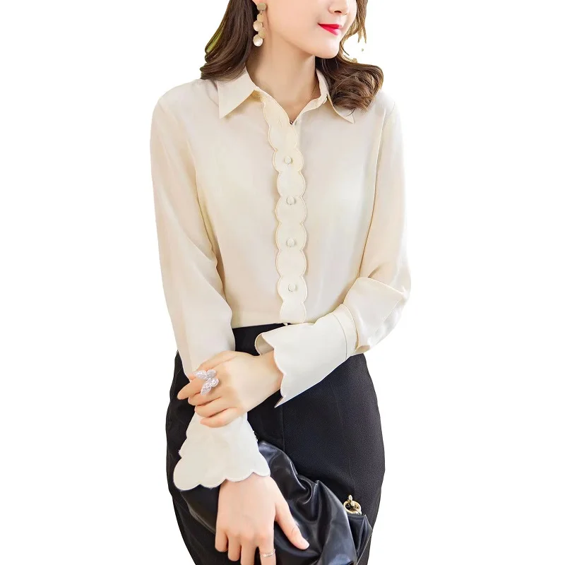 

Tops Fashion Designer Blouse Shirt 2021 Spring Summer Apricot Pink Shirt Women Turn-down Collar Lurex Embroidery Silk Shirts OL