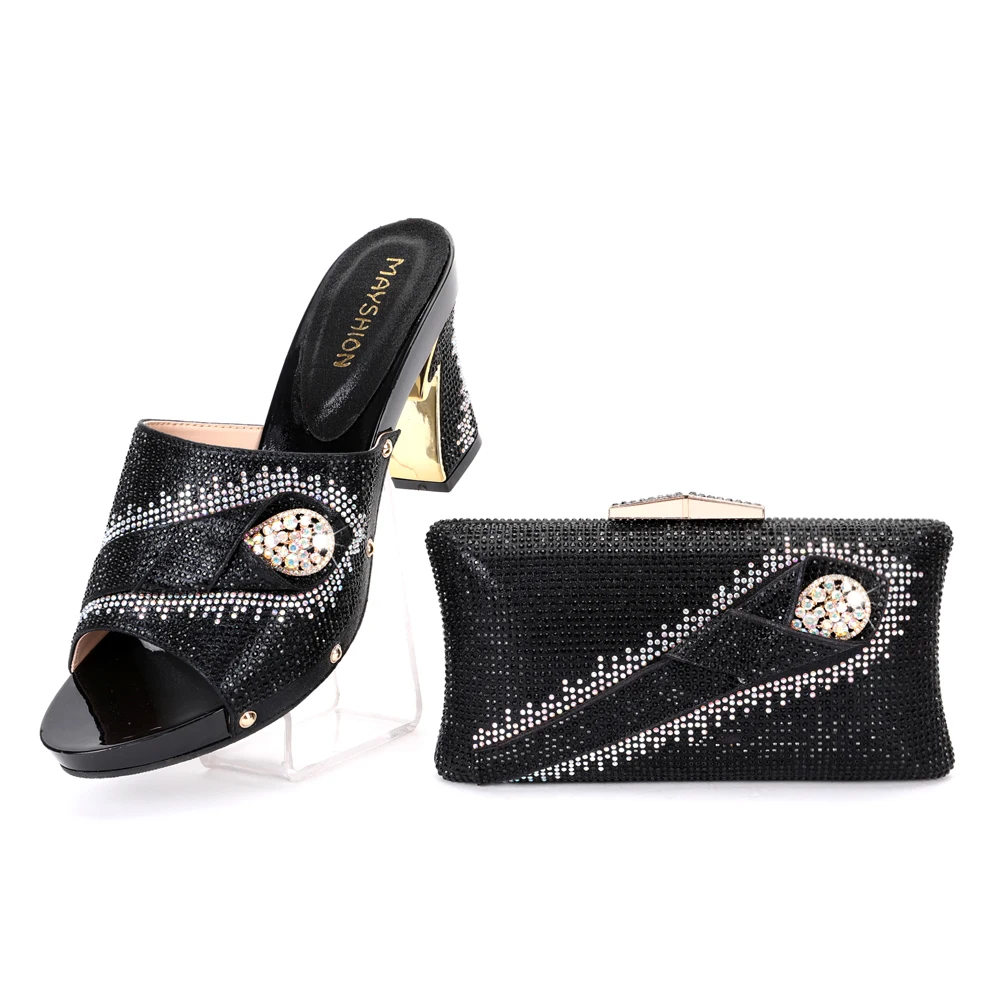 

2021 new Italian design African Nigerian high heel party Crystal Rhinestone Wedding Shoes and hand-held straddle Dinner Bag slip