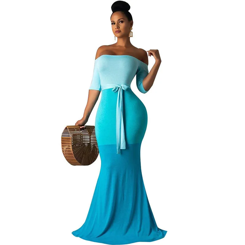 

Color Block Spliced Summer Maxi Dress Women Off the Shoulder Slash Neck Bodycon Dress Sexy Backless Mermaid Party Long Dress Bow