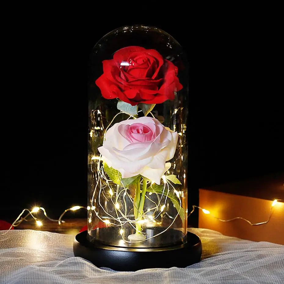 

Valentine's Day Gift Beauty and The Beast two Rose Led Lighting Beauty Eternal Rose Immortal Glass Cover Artificial flower