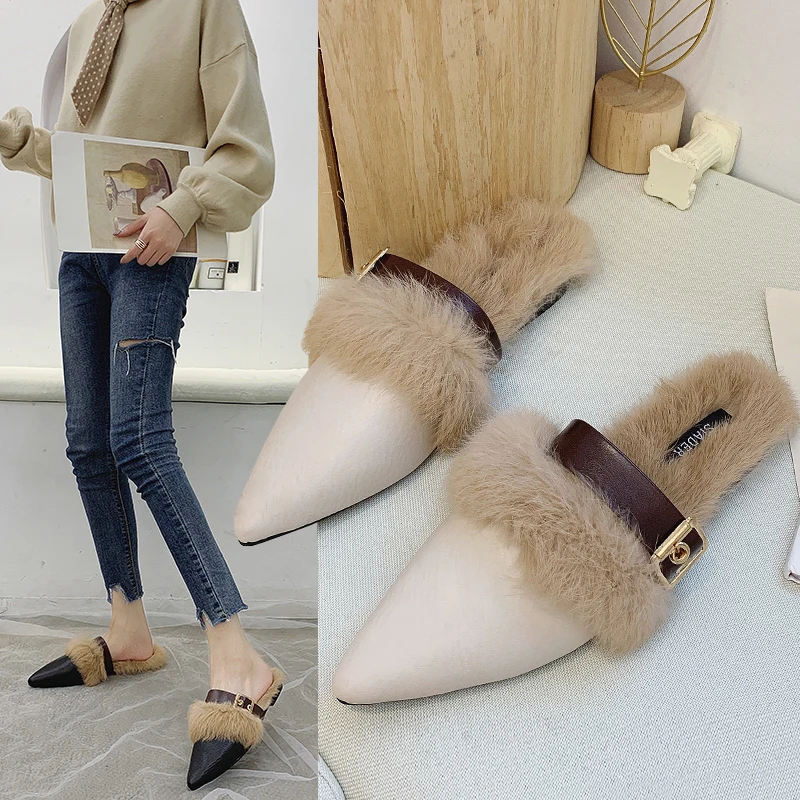 BeautyFeet/; женские летние меховые тапочки; женские плюшевые прозрачные сандалии из искусственного меха с квадратным носком; повседневные уличные шлепанцы на плоской подошве