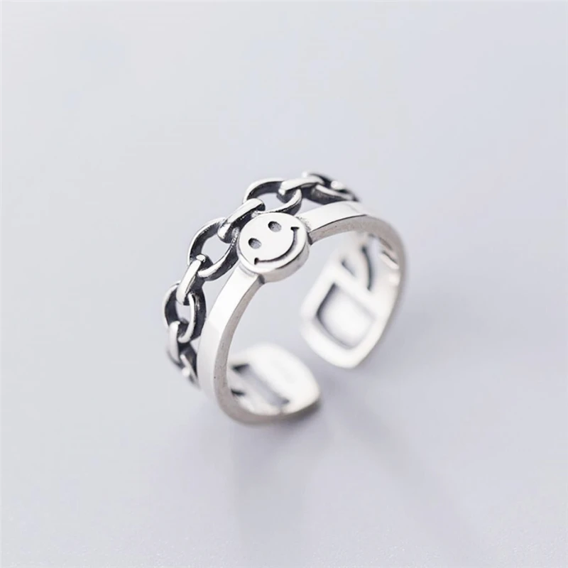 

Retro Smile Happy Smiley Double Layer Chain Silver Color Female Resizable Opening Ring For Women Fashion Jewelry Birthday Gift