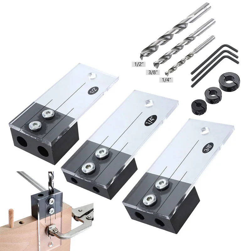 

1/2 3/8 1/4inch Dowel Drilling Jig Kit Hole Punch Locator Guide Woodworking Tool For Precise Positioning Fast Drilling