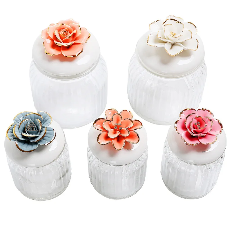 Nordic Ceramic Tracing Gold Rose Peony Glass Sealed Jar Kitchen Organizer Candy Storage Tank Desktop Holiday Decoration Ornament | Дом и сад