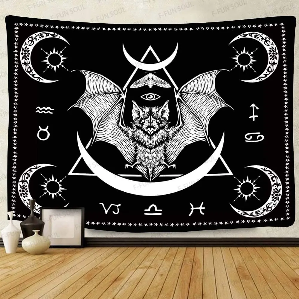 

Occult Bat Moon Moth Mysterious Eyes Runes Black and White Art Wall Hanging