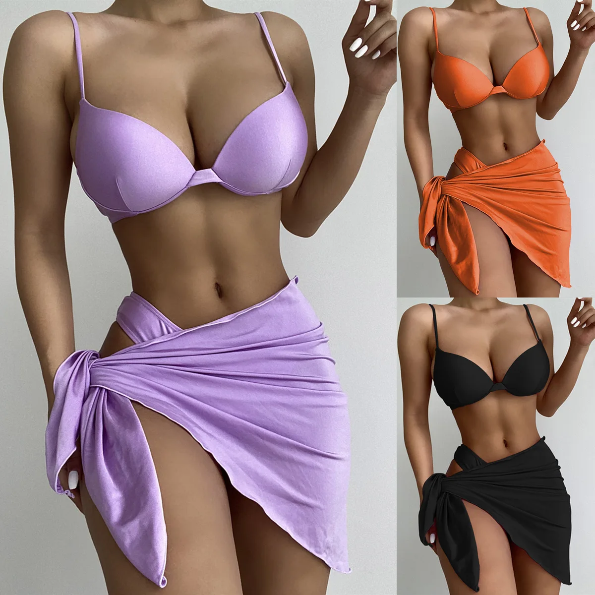 

TTING Solid 3 pieces Bikini Set Sexy Push Up Swimwear Women Brazilian Swimsuit bikini Halter triangle bathing suit 2021