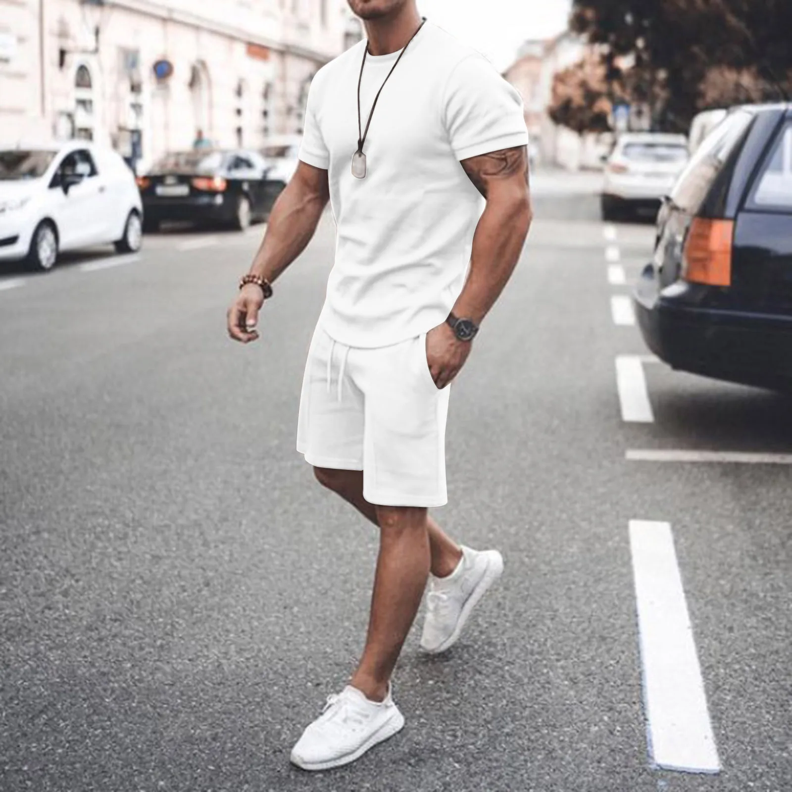 

2021 New Men Summer Tracksuit Short Sleeve T-shirt Loose Pants Suit Color Two Piece Set Lounge Clothing