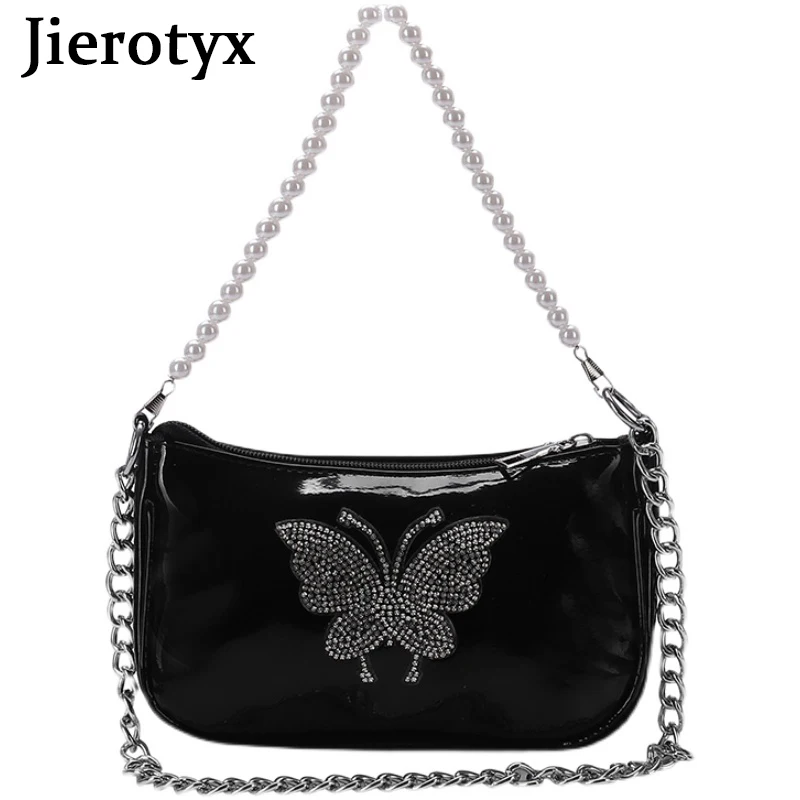 

JIEROTYX Rhinestone Butterfly Women Shoulder Bags Soft Patent Leather Beaded Pearl Chains Fashion Wedding Female Handbags Pink