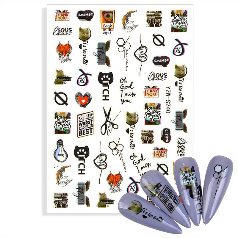 

1 Лист наклейки для воды перо Кот Любовь буквы цвет дизайн ногтей переводные наклейки Советы водяной знак слайдер маникюрные украшения