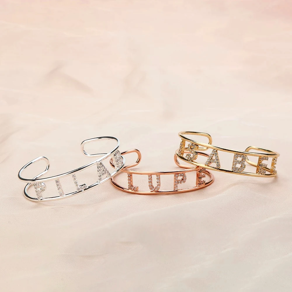 

2021 Fashion Crystal Custom Letter Name Bangle With Stone Bar Bracelet Custom Name Personalized Zircon Cuff Bracelets Rhinestone