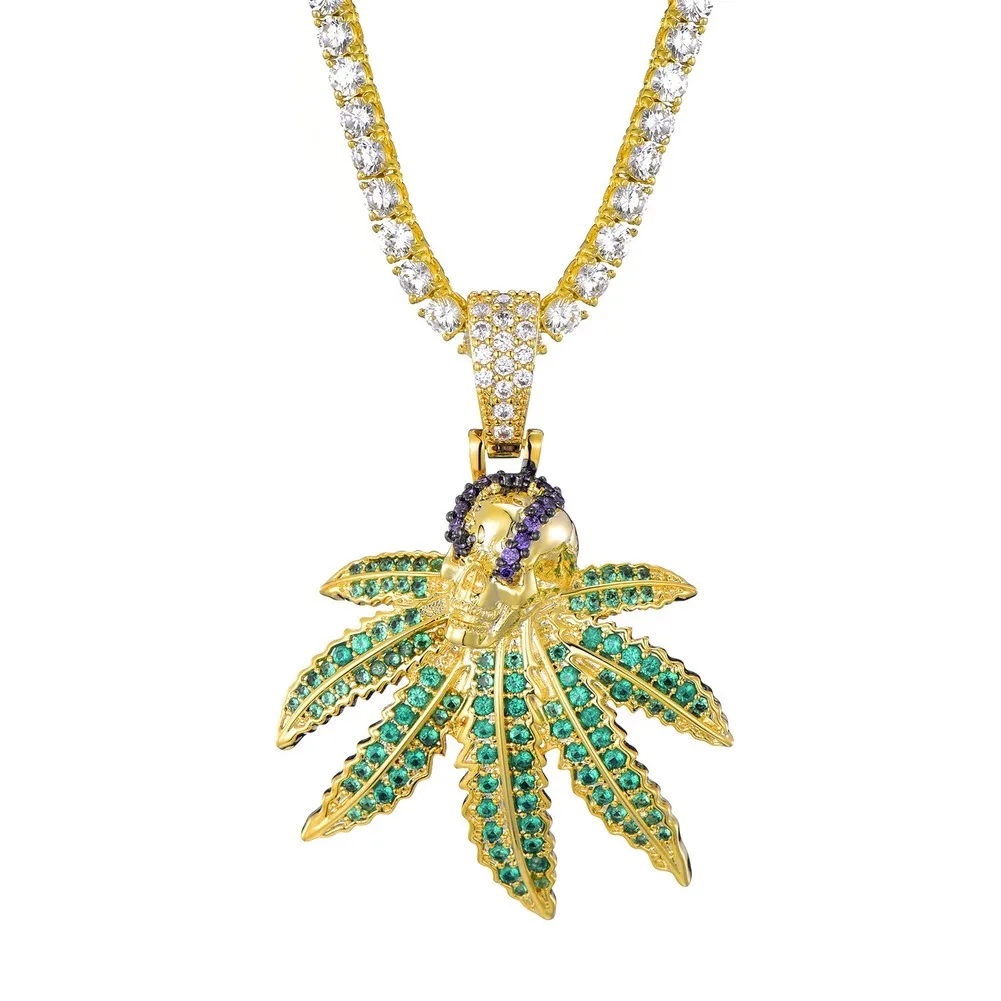 

Bling Bling Banana Leaf Necklace&Pendant with Stainless Steel Chain Gold Color Cubic Zircon Men's Women Hip Hop Jewelry for Gift