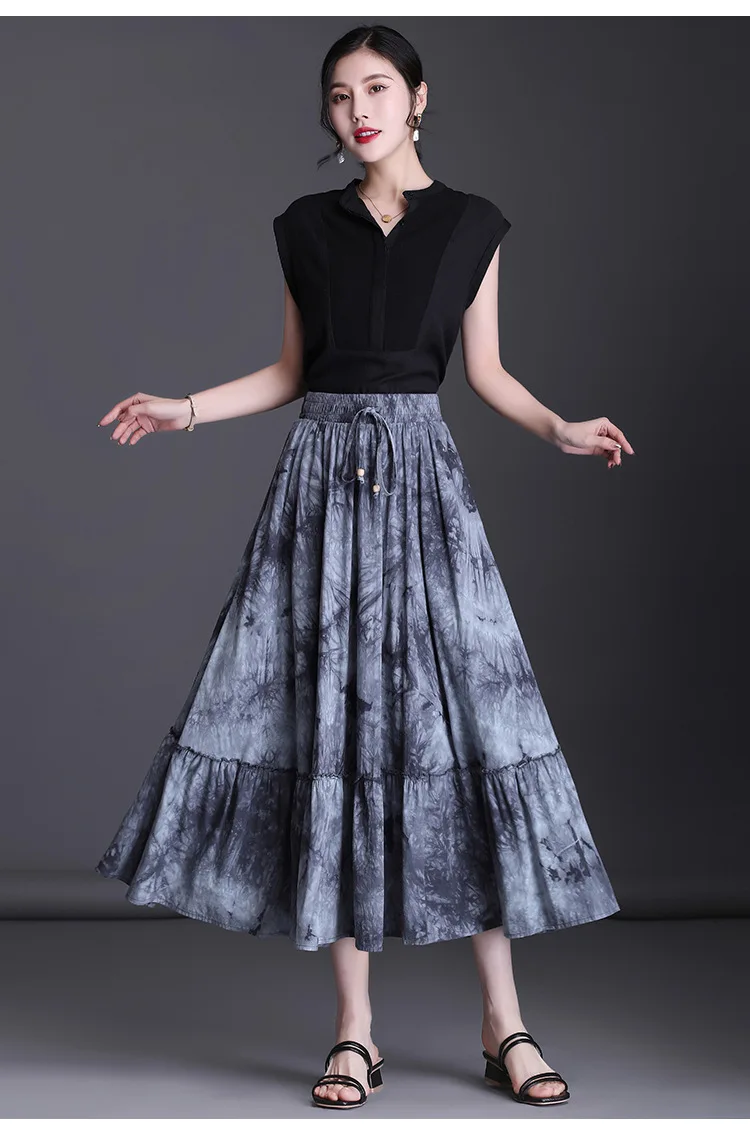 

Summer Cotton Linen Tie Dye Vintage Long Pleated Skirt Women Elegant Big Swing Loose Casual Elastic High Waist Floral Skirts3092