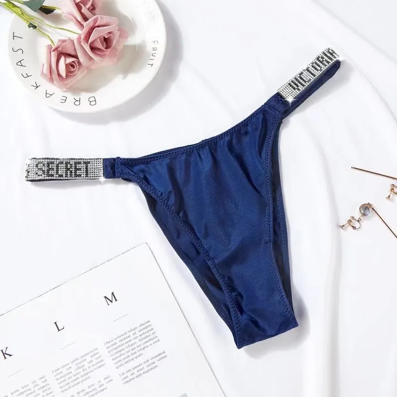 

Women's Sexy Luxury Alphabet Rhinestone Underwear G String Comfortable Seamless Satin Silk Intimate Thong Underwear Pink Thongs